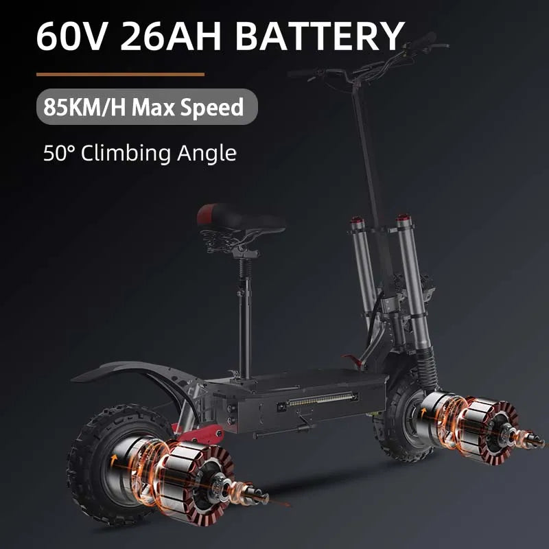 11'' Off-road Electric Scooter 5600W 60V 26AH Electric Scooters 62M Range 53M/H Max Speed, Hydraulic Shock Absorber