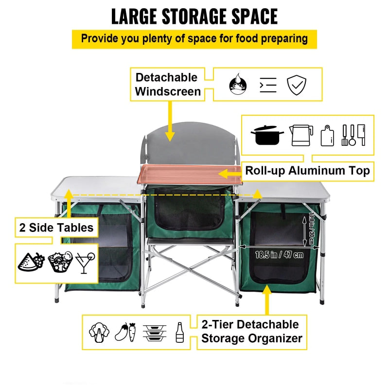 Outdoor Camping Kitchen 3 Zippered Bags, 2 Side Tables, Portable Camp Cook Table for Outdoor Activities