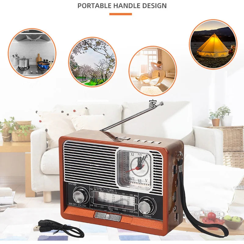 FM AM SW Retro Solar Radio Portable Receiver, Bluetooth Speaker, MP3 Music Player, LED Light clock