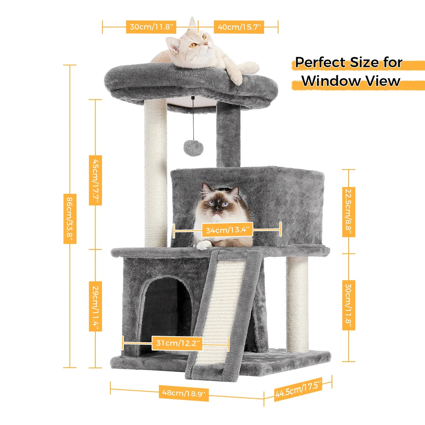 Cat Tree Luxury Cat Tower with Double Condos, Spacious Perch Cat Hammock, Fully Wrapped Scratching Post and Dangling Balls