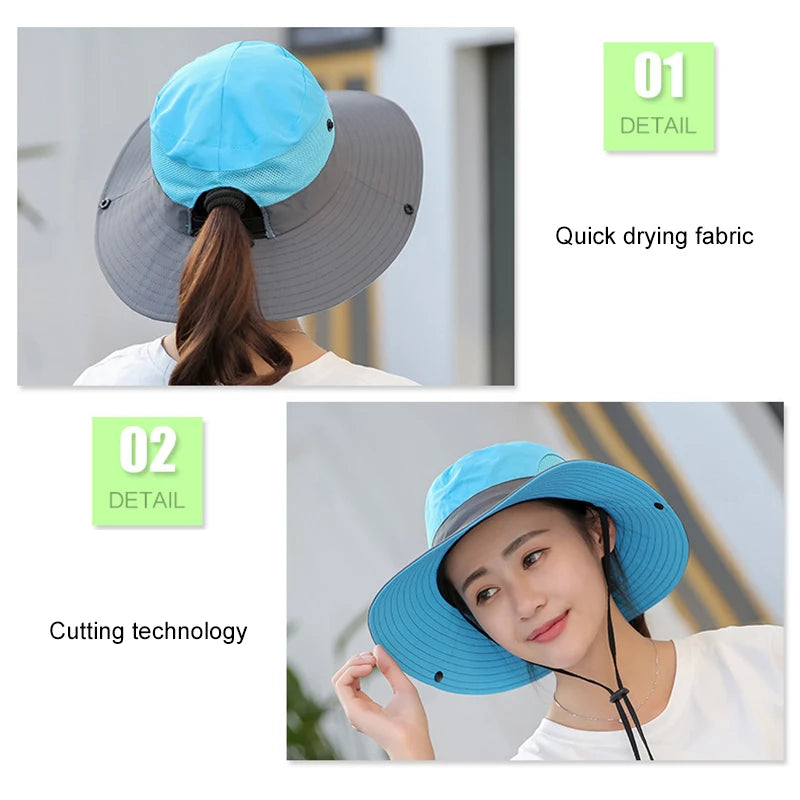 Women's Foldable Sun Hat With Adjustable String, Mesh Wide Brim Beach Cap With Ponytail Hole For Fishing Outdoor, etc.