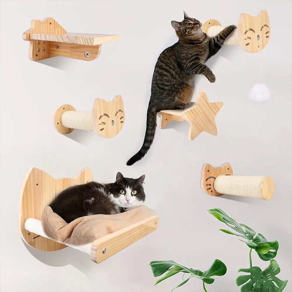 Cat Climbing Shelf, Wall Mounted Four Step Stairway With Sisal Scratching Post For Cats, Tree Perch Platform, Jumping Furniture