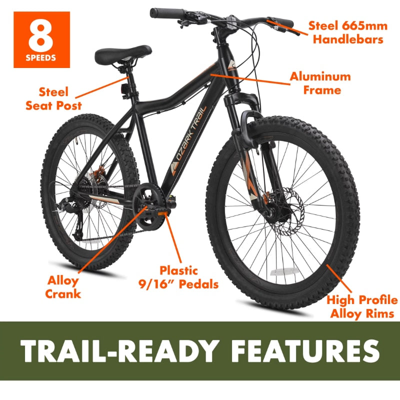 Ozark Trail 24 in. Youth Glide Aluminum Mountain Bicycle, 8 Speeds, Front Suspension, Black