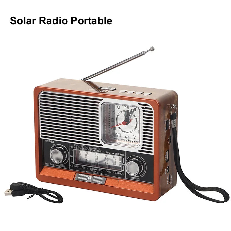 FM AM SW Retro Solar Radio Portable Receiver, Bluetooth Speaker, MP3 Music Player, LED Light clock