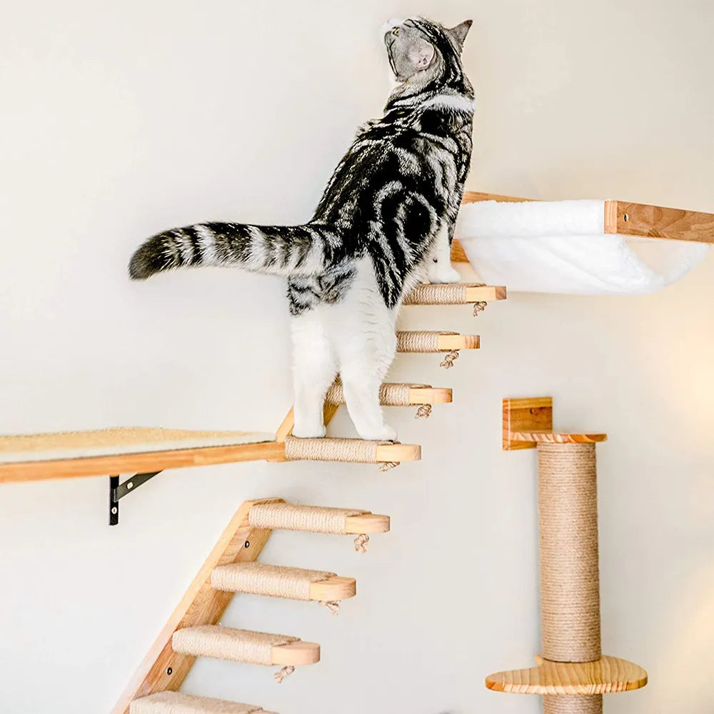 Cat Climbing Shelf, Wall Mounted Four Step Stairway With Sisal Scratching Post For Cats, Tree Perch Platform, Jumping Furniture