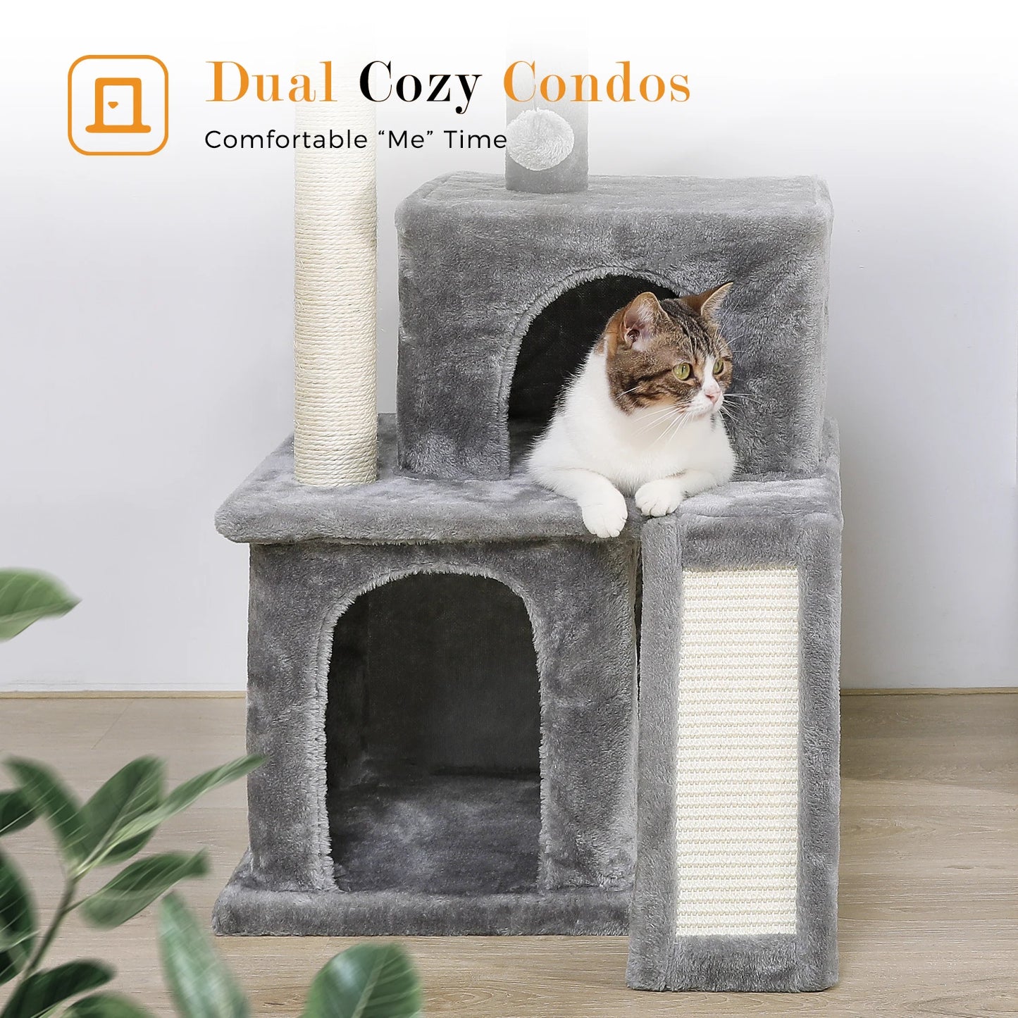 Cat Tree Luxury Cat Tower with Double Condos, Spacious Perch Cat Hammock, Fully Wrapped Scratching Post and Dangling Balls