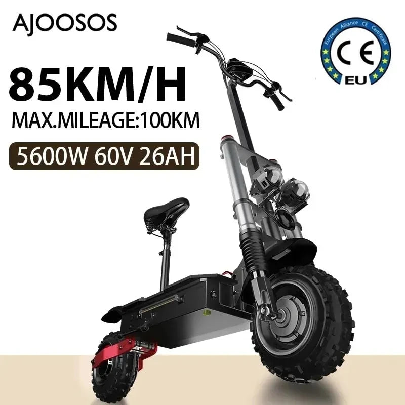 11'' Off-road Electric Scooter 5600W 60V 26AH Electric Scooters 62M Range 53M/H Max Speed, Hydraulic Shock Absorber