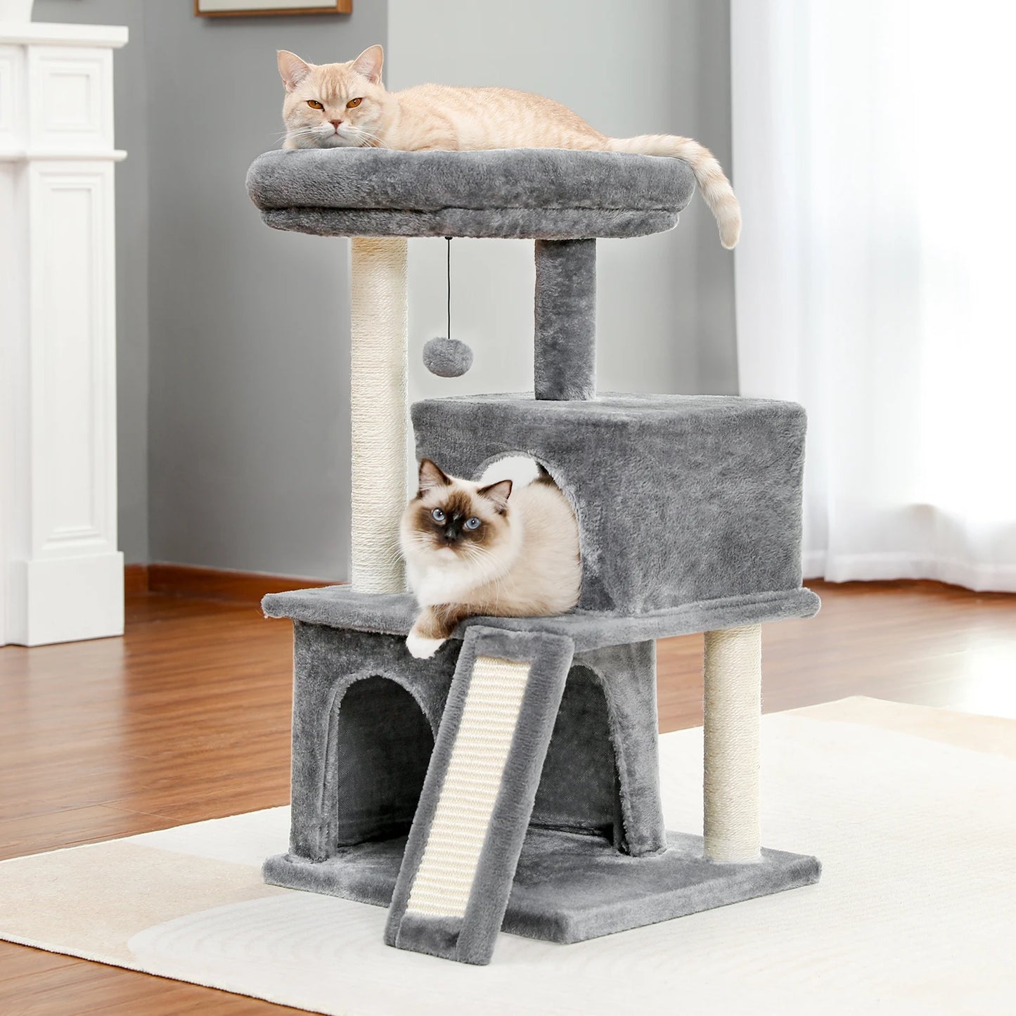 Cat Tree Luxury Cat Tower with Double Condos, Spacious Perch Cat Hammock, Fully Wrapped Scratching Post and Dangling Balls