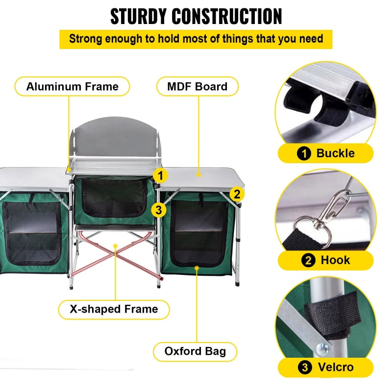 Outdoor Camping Kitchen 3 Zippered Bags, 2 Side Tables, Portable Camp Cook Table for Outdoor Activities