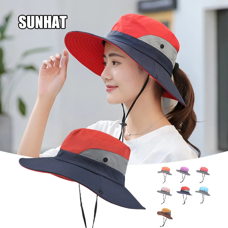 Women's Foldable Sun Hat With Adjustable String, Mesh Wide Brim Beach Cap With Ponytail Hole For Fishing Outdoor, etc.