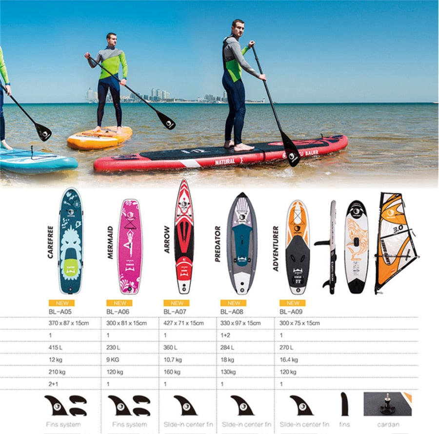 Stand Up Paddle Board Surfboard set with Backpack, leash, pump, waterproof bag, fins