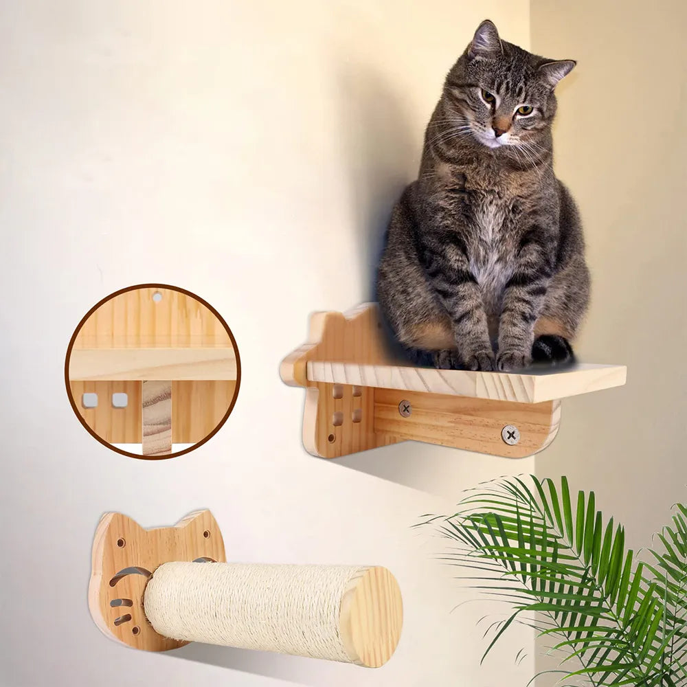 Cat Climbing Shelf, Wall Mounted Four Step Stairway With Sisal Scratching Post For Cats, Tree Perch Platform, Jumping Furniture