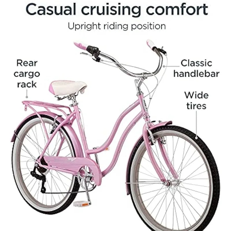 Adult Beach Cruiser Bike for Women, 18-Inch Step-Through Steel Frame, 26-Inch Wheels, 7-Speed Twist Shifters