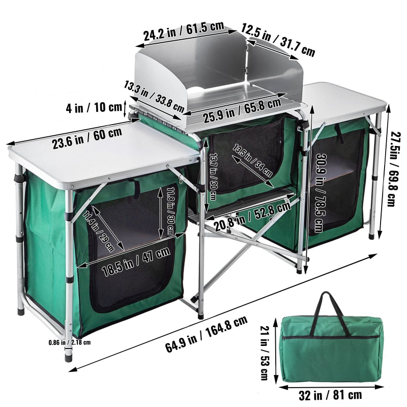 Outdoor Camping Kitchen 3 Zippered Bags, 2 Side Tables, Portable Camp Cook Table for Outdoor Activities