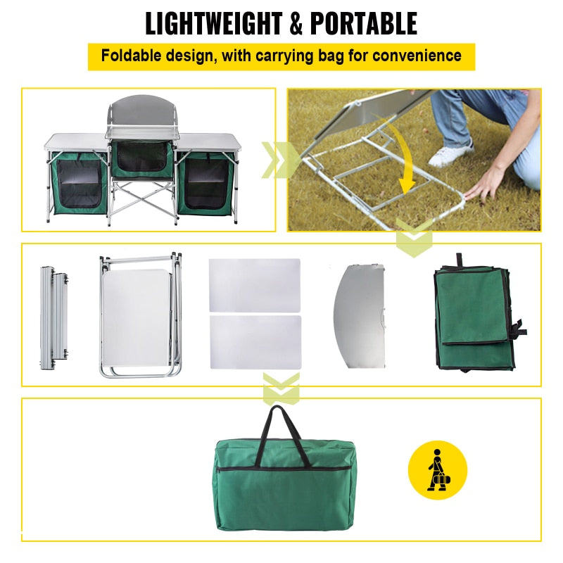 Outdoor Camping Kitchen 3 Zippered Bags, 2 Side Tables, Portable Camp Cook Table for Outdoor Activities